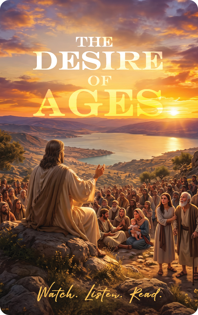 The Desire of Ages — Jesus teaching a crowd beside a lake at sunset. Watch. Listen. Read.
